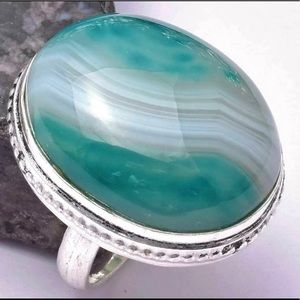 Large Agate Dome Gemstone Ring - Banded Teal